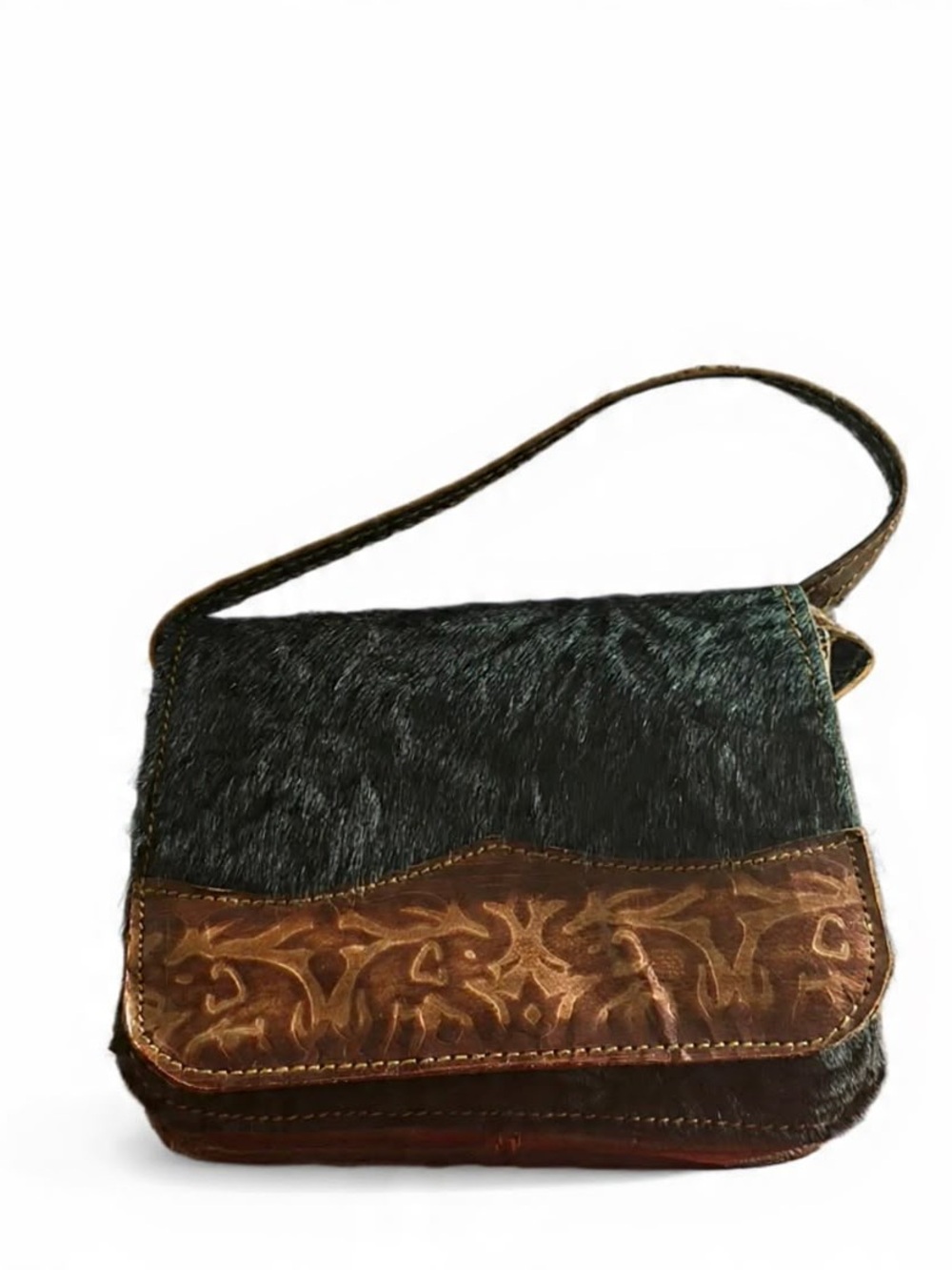 Dark Brown Leather & Haircalf Crossbody Shoulder Bag